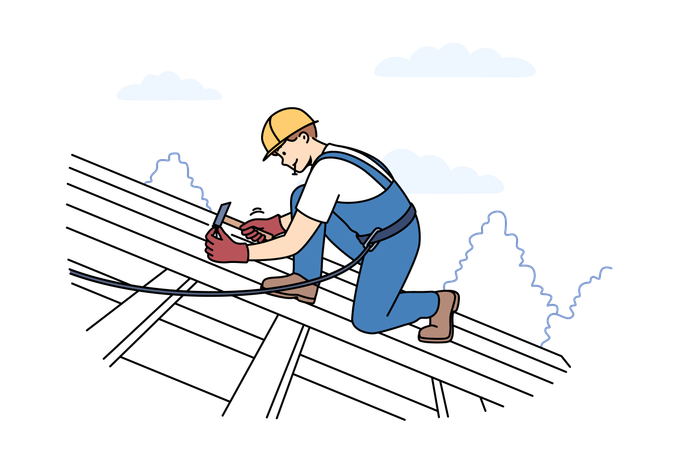 Builder installing shingles on roof  Illustration