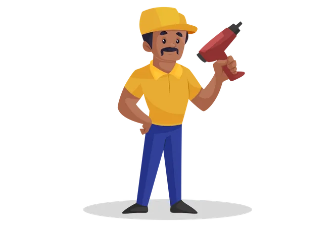 Builder is holding a drill machine in hand Illustration