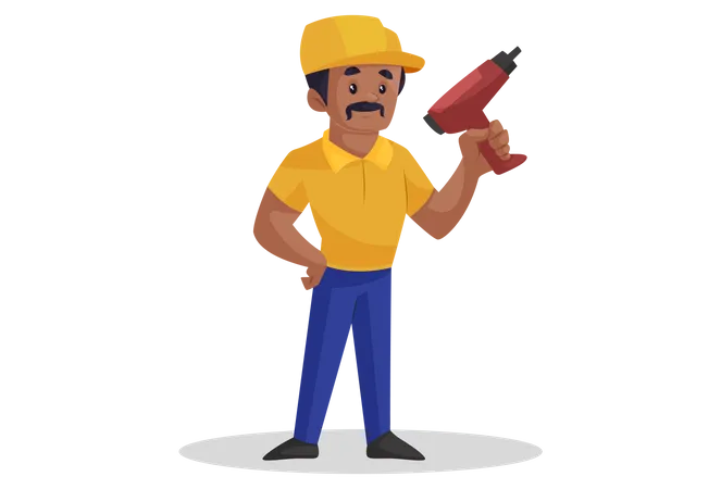 Builder is holding a drill machine in hand  Illustration