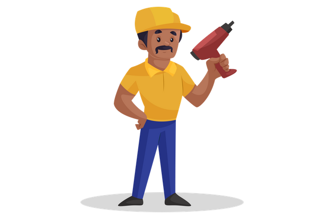 Builder is holding a drill machine in hand  Illustration