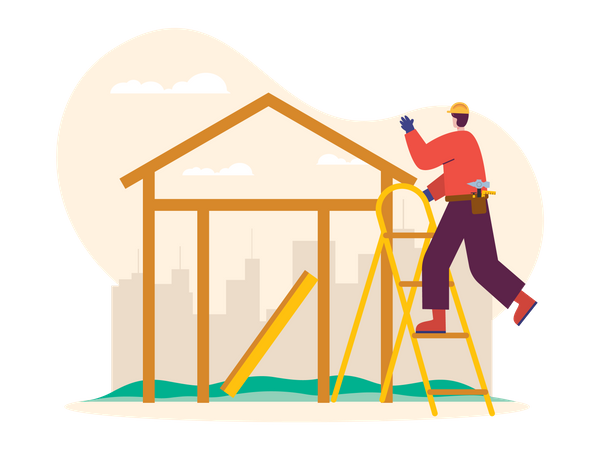Builder making wooden house  イラスト
