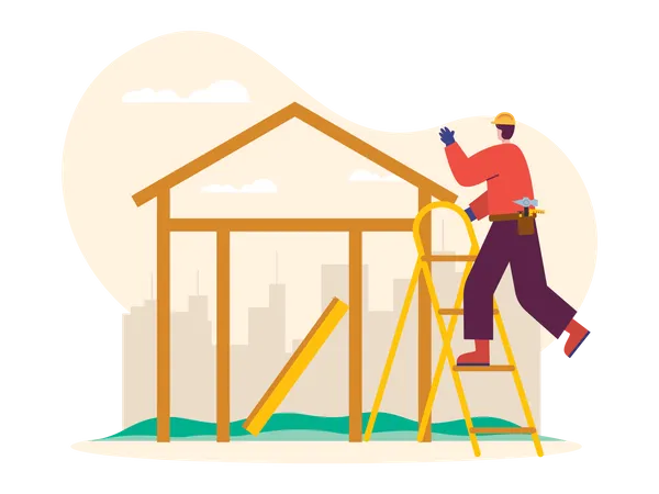 Builder making wooden house  イラスト