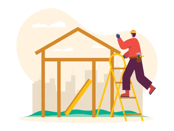 Builder making wooden house  Illustration