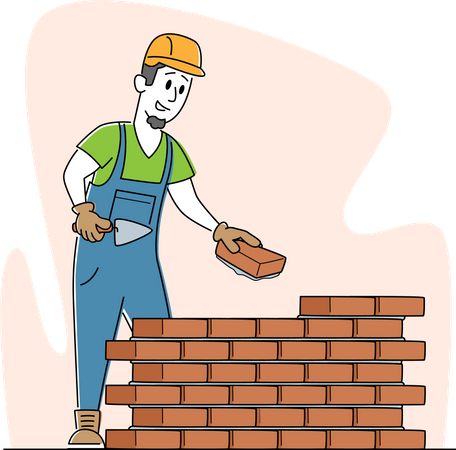 Builder Male Character Wearing Helmet and Uniform Holding Trowel Put Concrete for Laying Brick Wall at Construction Site  Illustration