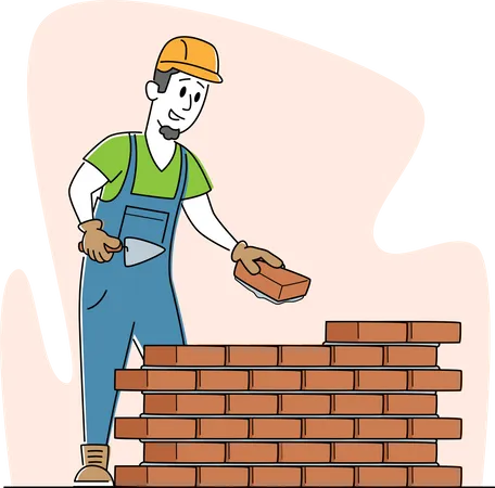 Builder Male Character Wearing Helmet and Uniform Holding Trowel Put Concrete for Laying Brick Wall at Construction Site  Illustration