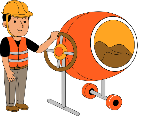 Builder mixing cement in cement mixer  Illustration