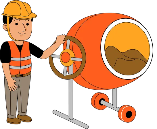 Builder mixing cement in cement mixer  Illustration
