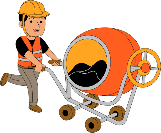 Builder pushing cement mixer  Illustration