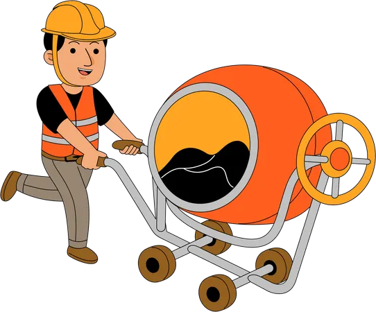 Builder pushing cement mixer  Illustration
