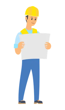 Builder standing with blueprint  Illustration