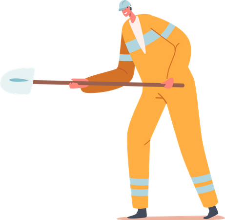 Builder wearing safety suit holding shovel at construction site  Illustration