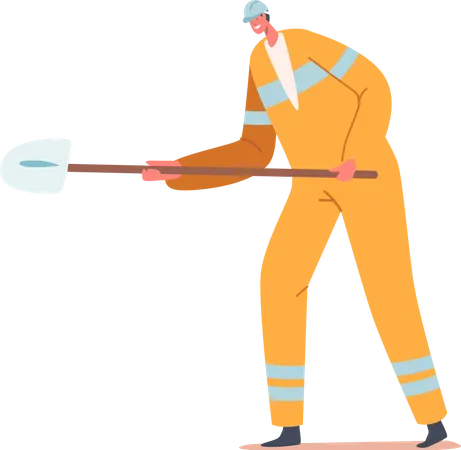 Builder wearing safety suit holding shovel at construction site  Illustration