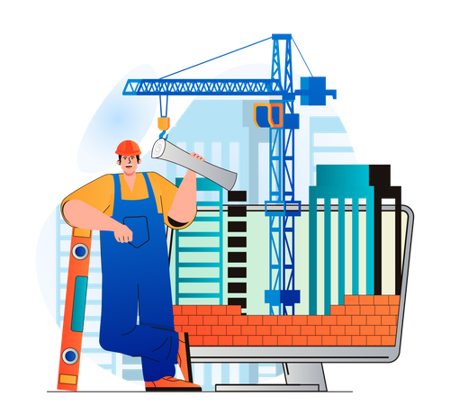Builder with architecture plan at construction site Illustration