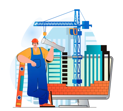 Builder with architecture plan at construction site Illustration