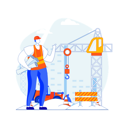 Builder with architecture plan at construction site  Illustration