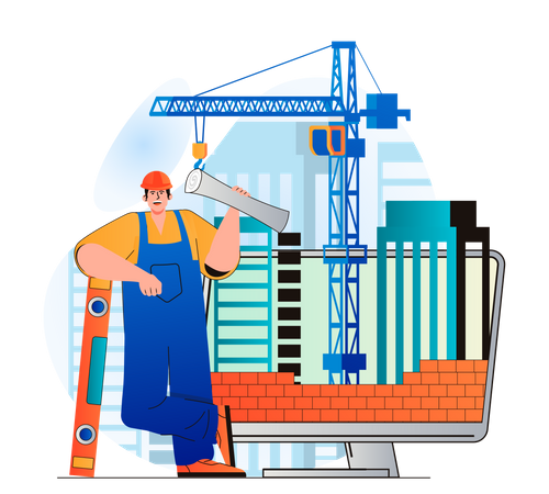Builder with architecture plan at construction site  Illustration