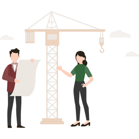 Builder with architecture plan at construction site  Illustration