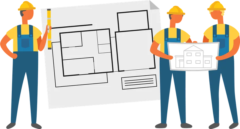 Contactors Holding Engineering Project Man Builder With Ruler Portrait View Of Repairs Characters Wearing Helmet And Work Clothes Building Plan Vector Illustration