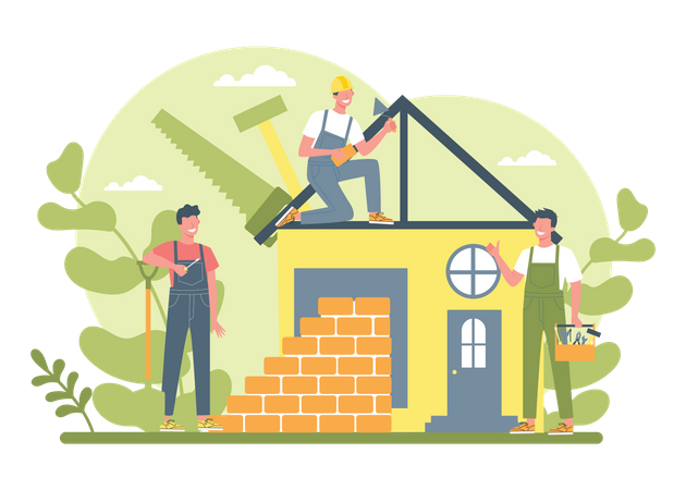 Builders building home  Illustration