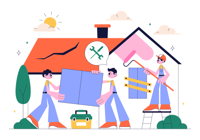 Builders doing Home Renovation or Repair Service  Illustration