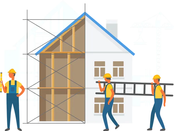 Builders Holding Stairs Building House Silhouette Of Crane And House Construction Equipments Men Repairers Build Indoor And Outdoor View Team Vector Illustration