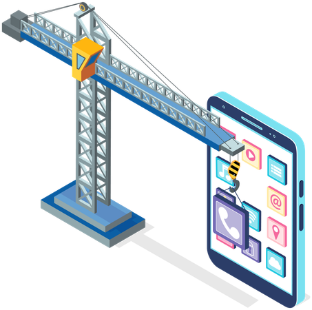 Building smartphone interface with lifting crane  Illustration