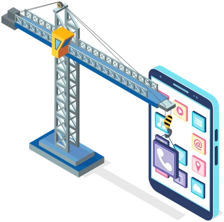 Building smartphone interface with lifting crane  Illustration