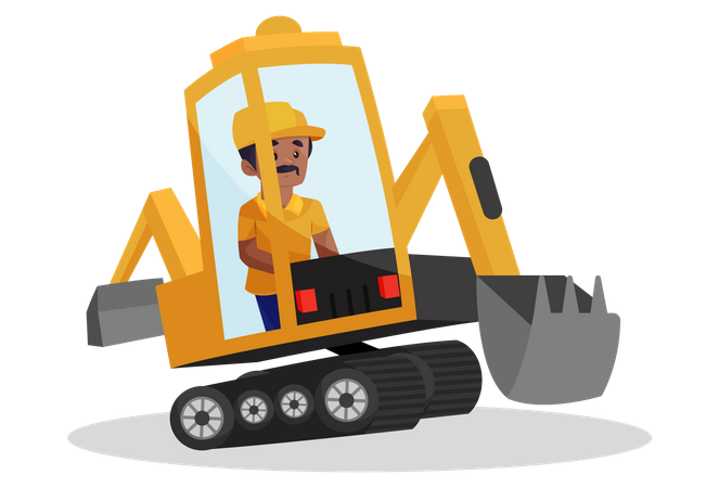 Building worker is sitting in an excavator machine  Illustration