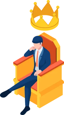 Flat 3 D Isometric Businessman Sitting On Throne With Crown Over His Head Business Leader And Success Concept Illustration