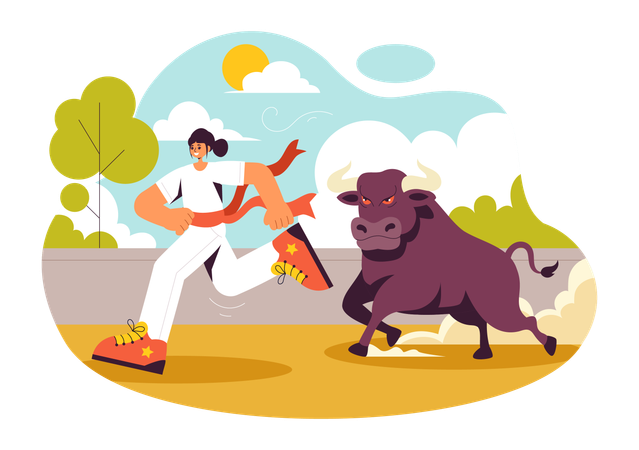 Bull Stampede에서 달리는 소녀  일러스트레이션