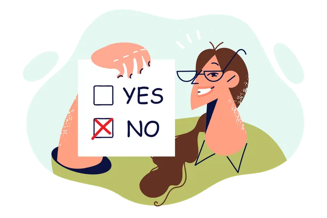 Bulletin Woman Answered No To Question As Sign Of Negative Attitude Towards Initiative Or Refusal To Satisfy Proposal Girl With Bulletin Smiles And Shows Sheet Of Paper With Answer Options Illustration