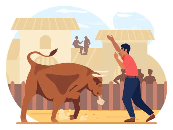 Mexico Corrida Bullfighting Show Brave Toreador Conquering A Bull At The Arena Traditional Spanish Performance Flat Vector Illustration Illustration