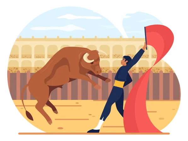 Mexico Corrida Bullfighting Show Brave Toreador Conquering A Bull At The Arena Traditional Spanish Performance Flat Vector Illustration Illustration
