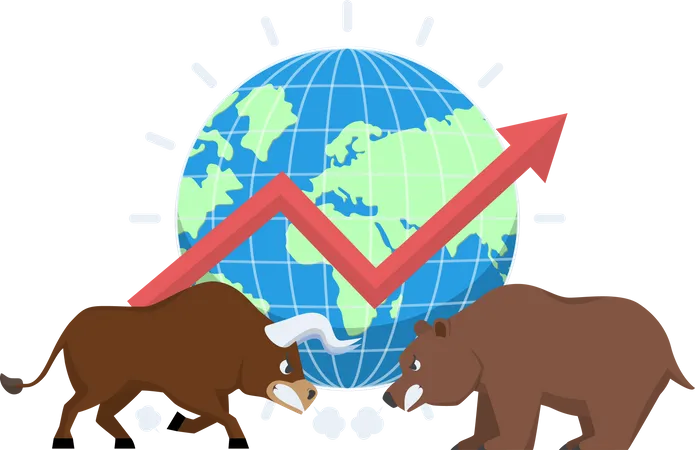 Bull And Bear With World And Graph In Background Stock Market Trend Concept Illustration
