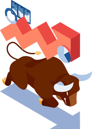 Flat 3 D Isometric Skittish Bull With Growth Graph Bullish Stock Market And Investment Concept Illustration