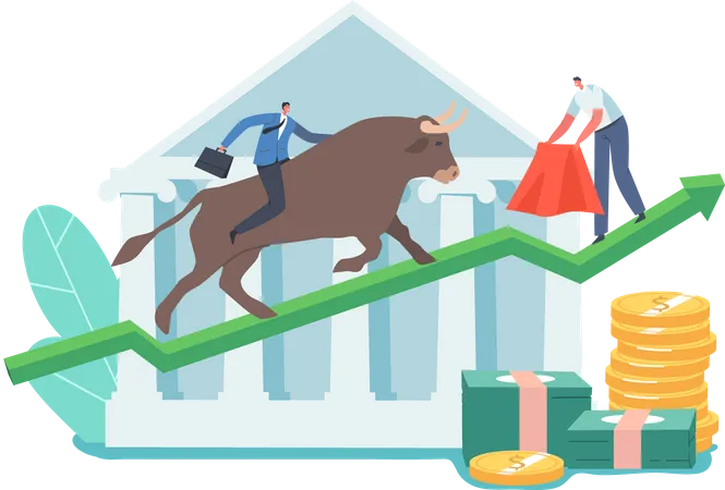 Trader Character Investment Bullish Stock Market Trading Businessman Bullfighter With Red Cloak In Hands Stand On Rising Arrow Graph Tease Bull With Rider On Back Cartoon People Vector Illustration Illustration