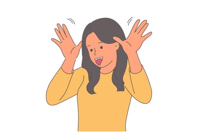Bully girl makes funny grimace and sticking out tongue and putting palms to ears to amuse interlocutor  Illustration