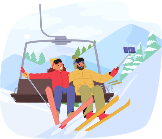 Bundled-up Skier Characters Ascend On A Ski Lift  Illustration