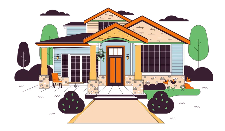 Bungalow Country House Line Cartoon Flat Illustration New Ranch Home Hanging Plant On Porch Exterior 2 D Lineart Object Isolated On White Background Real Estate Housing Scene Vector Color Image Illustration