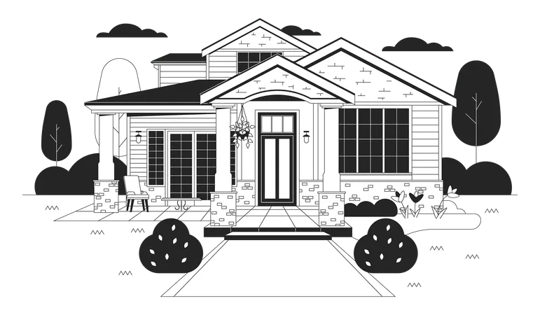 Bungalow Country House Black And White Cartoon Flat Illustration New Ranch Home Hanging Plant On Porch Exterior 2 D Lineart Object Isolated Real Estate Housing Monochrome Scene Vector Outline Image Illustration