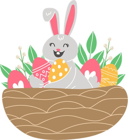 Bunny And Painted Eggs In Nest  Illustration