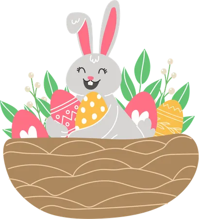 Bunny And Painted Eggs In Nest  Illustration