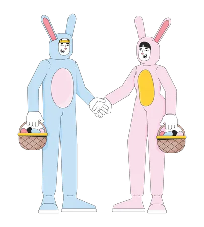 Bunny Couple With Easter Baskets Line Cartoon Flat Illustration Funny Woman Man Holding Hands 2 D Lineart Characters Isolated On White Background Eggs Hunting Together Scene Vector Color Image Illustration