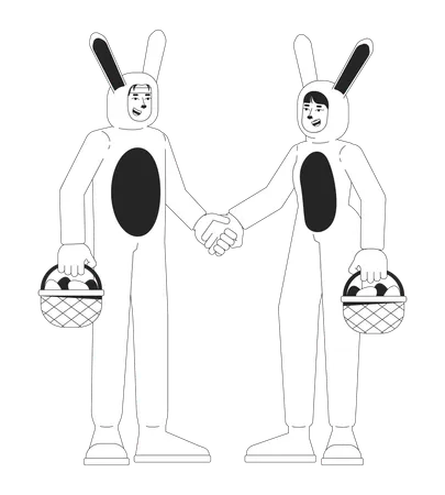 Bunny Couple With Easter Baskets Black And White Cartoon Flat Illustration Funny Woman Man Holding Hands 2 D Lineart Characters Isolated Eggs Hunting Together Monochrome Scene Vector Outline Image Illustration