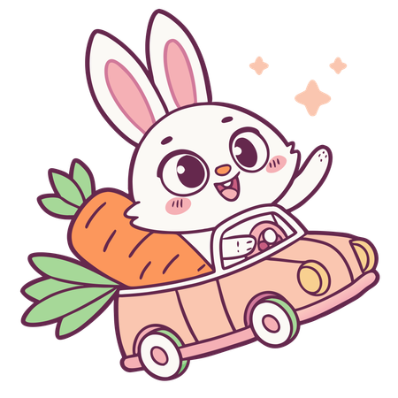 Bunny Driving a Tiny Carrot Car  Illustration