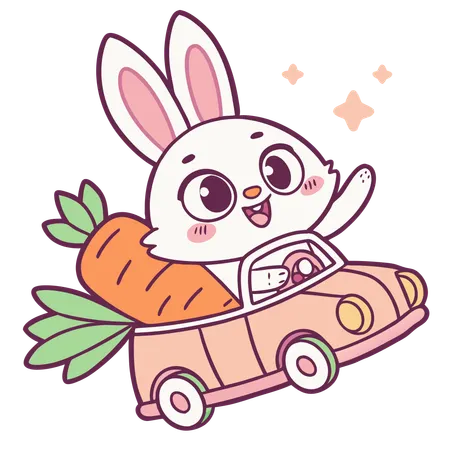 Bunny Driving a Tiny Carrot Car  Illustration