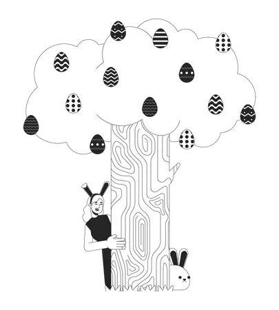 Bunny Ears Woman Peeking Around Tree Black And White 2 D Line Cartoon Character Caucasian Female Isolated Vector Outline Person Girl Hiding Behind Eastertree Monochromatic Flat Spot Illustration Illustration