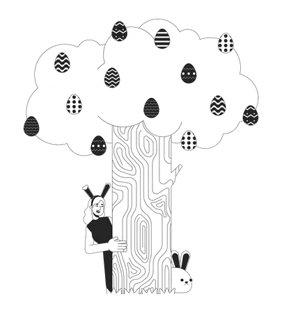 Bunny ears woman peeking around tree  Illustration