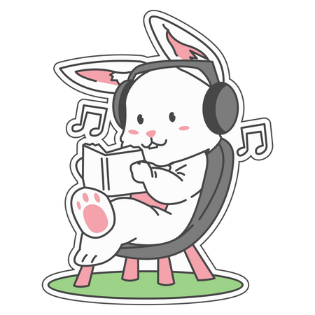 Bunny Reading a book while listening to music  Illustration