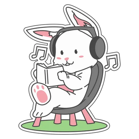 Bunny Reading a book while listening to music  Illustration